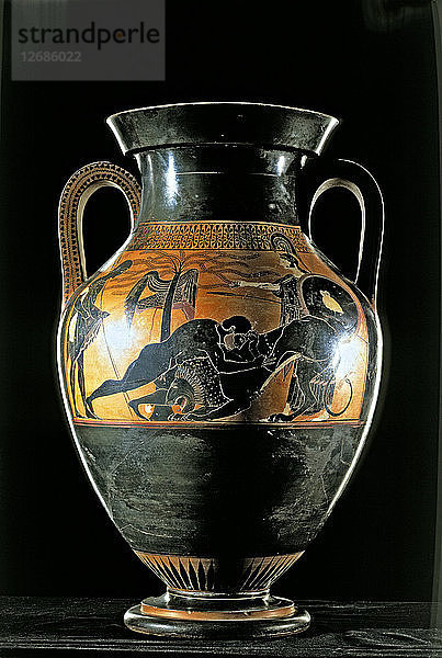 Herakles im Kampf mit dem nemeischen Löwen  attische schwarzfigurige Amphore aus Vulci.