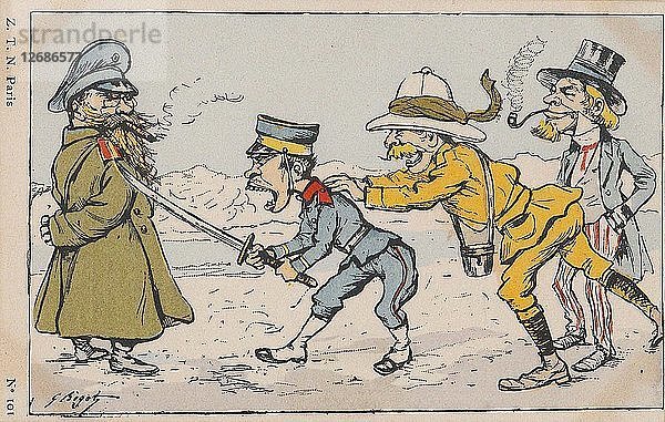 Ein japanischer Soldat fordert einen russischen Soldaten heraus  der von einem Engländer und Uncle Sam angetrieben wird.