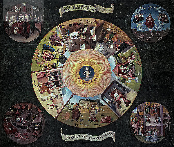 Die Tafel der Todsünden  Öl auf Tafel in der ursprünglichen Form der Arbeitsfläche des niederländischen Malers.