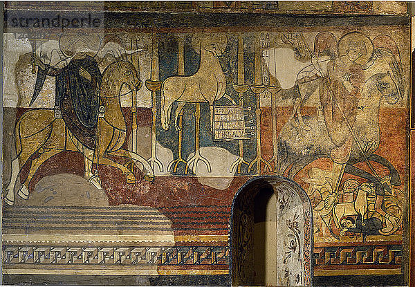 Szenen aus der Apokalypse  Wandmalereien an der Seite des Kirchenschiffs  Polinyà 1122. Sie stammen aus der Pfarrei?