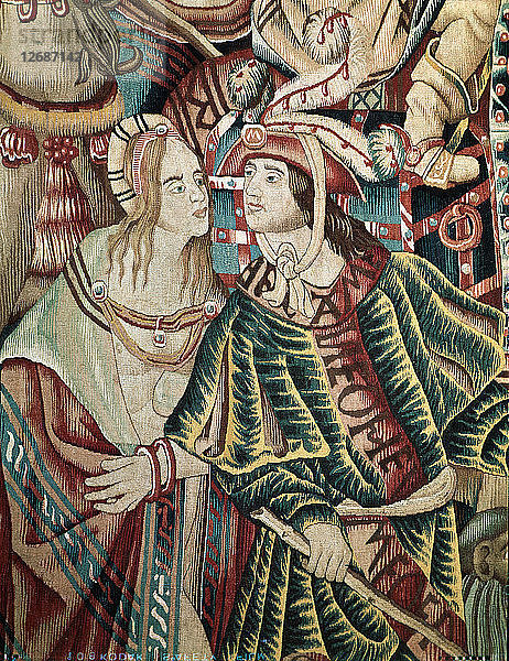 Ein portugiesischer Mann und eine indische Frau. Detail eines flämischen Wandteppichs aus Tournai  der Teil eines ?