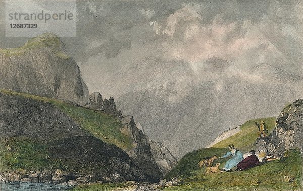 Blick von den Langdale Pikes in Richtung Bowfell  Westmorland  1835. Künstler: William Kelsall.