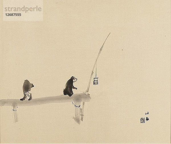 Farbholzschnitt - Zwei Affen auf einem Steg  Ende des 19. - Anfang des 20. Jahrhunderts. Künstler: Takeuchi Seiko.