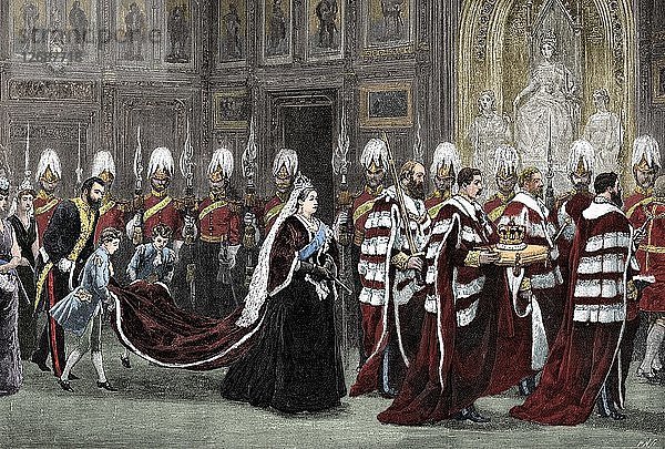 Die königliche Prozession im Westminster Palace auf dem Weg zum House of Lords  1886  (1900). Künstler: Unbekannt.