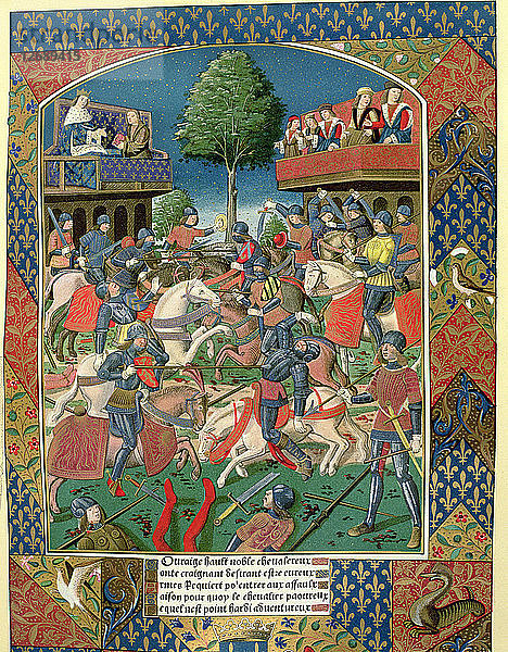 Turnier zwischen Herren  Miniatur aus dem Werk Lancelot du Lac  1491  gedruckt von A. Verard.