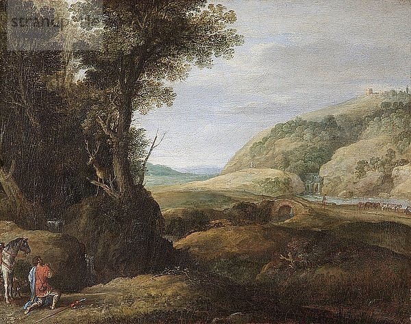 Landschaft mit dem Heiligen Hubertus und dem Hirsch  Ende des 16. oder Anfang des 17. Jahrhunderts. Künstler: Paul Bril.
