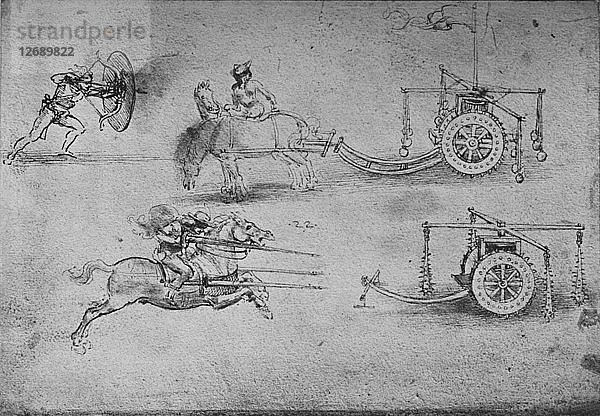 Zeichnungen von mit Dreschflegeln bewaffneten Streitwagen  eines Bogenschützen mit Schild  um 1480  (1945). Künstler: Leonardo da Vinci.