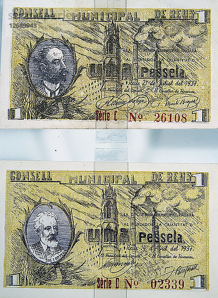 Von der Stadt Reus im April 1937 während des Spanischen Bürgerkriegs (1936-1939) ausgegebene Banknoten.