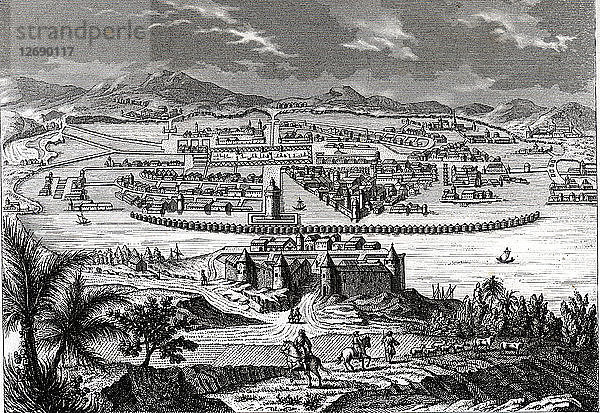 Mexiko-Stadt zur Zeit der spanischen Eroberung im Jahr 1520  Stich  1865.