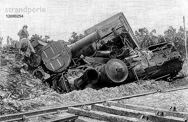 Eisenbahnunfall in Saint-Brieuc. Die beiden Lokomotiven und der Tender  im Juli 1895  Gravur der ?