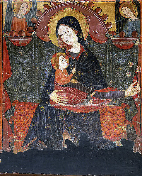 Frontalansicht der Mutter Gottes  Detail  Tempera auf Holz aus Bellver de Cerdanya  14. Jahrhundert.