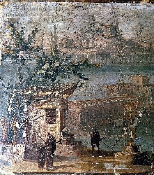 Mythische Landschaft bei Neapel  römische Wandmalerei aus Pompeji  ca. 1. Jahrhundert. Künstler: Unbekannt.