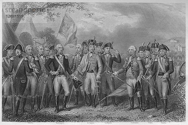 Die Briten übergeben ihre Waffen an Gen: Washington  1781  1859. Künstler: James Stephenson.