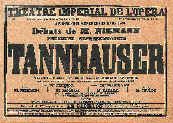 Uraufführungsplakat für die Oper Tannhäuser von Richard Wagner in der Opéra de Paris  1861.