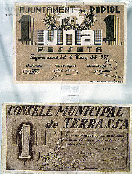 Banknoten  die von den Gemeinden Papiol und Terrassa im Mai 1937 während des spanischen Bürgerkriegs ausgegeben wurden.