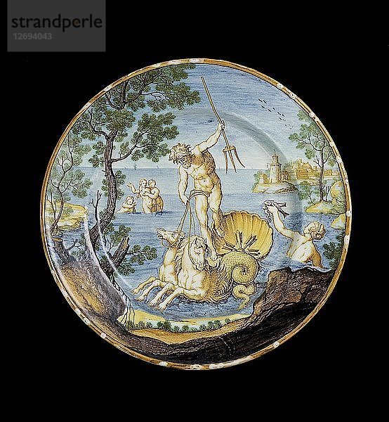 Teller mit Neptun in seinem Streitwagen  um 1730-1750. Künstler: Ferdinando Maria Campani.