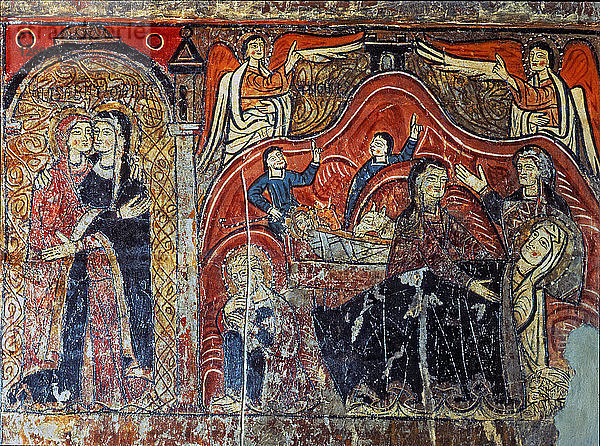 Heimsuchung und Geburt Christi  Detail der Vorderseite des Iguácel-Altars. Gemälde auf Tafel aus dem ?