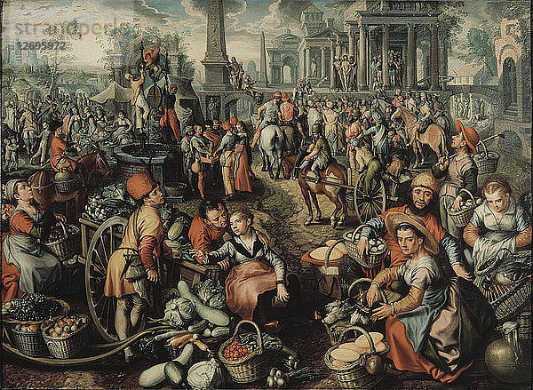 Marktszene mit Ecce Homo  der Geißelung und dem Tragen des Kreuzes  1561.