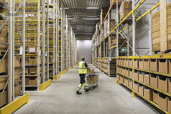 Full length of senior male warehouse worker pushing cart on aisle in industrial building