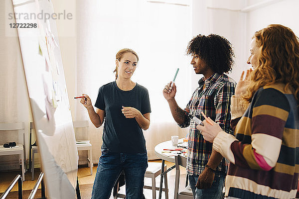 Confident businesswoman discussing project over whiteboard with technicians at creative office