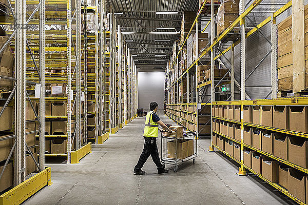 Full length of young warehouse worker pushing cart on aisle in industrial building