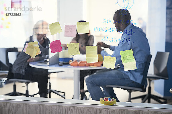 Adhesive notes stuck on glass while business professionals working in background