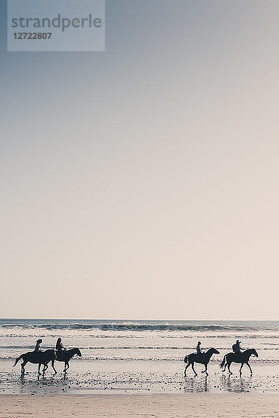 Silhouette friends riding horses at beach against clear sky during sunset