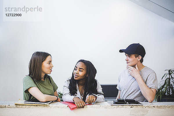 Smiling multi-ethnic students talking while standing in corridor at high school