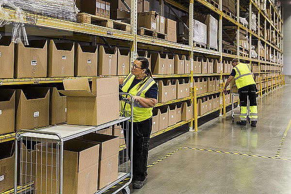Full length of female worker pushing cart with cardboard boxes by rack against coworker at warehouse