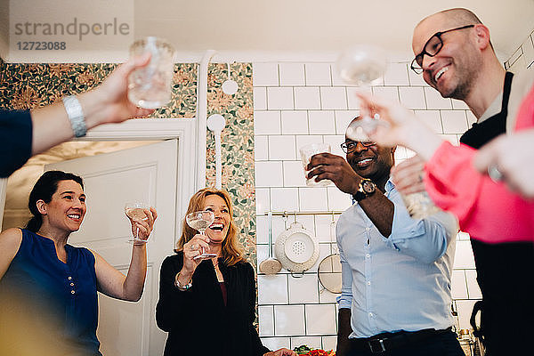 Happy mature friends toasting drinks in party at home
