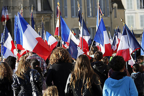 Die Seine und die Marne. Coulommiers. Gedenkfeierlichkeiten zum 11. November 2014. Menschenmenge vor den französischen Fahnen.