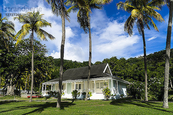 Traditionelles karibisches Holzhaus um Kokosnussbäume herum  Herberge Bequia Plantatoion  Port Elizabeth  Bequia  Saint-Vincent und die Grenadinen  Westindien