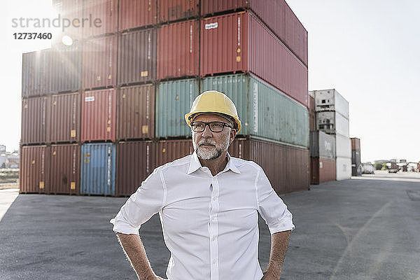 Businessman at cargo harbour  wearing safety helmet