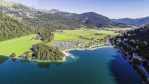 Austria  Tyrol  Scholastika and Caravan Park  Lake Achensee  View to Seekarspitze