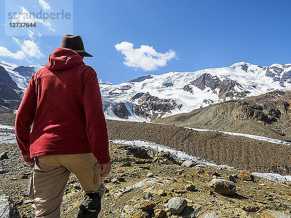 Italy  Lombardy  Cevedale Vioz mountain crest  hiker at Forni glacier