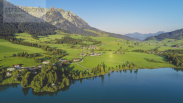 Austria  Tyrol  Kaiserwinkl  Aerial view of lake Walchsee