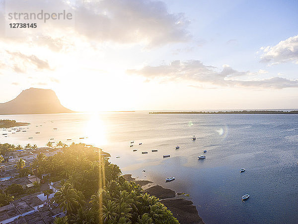 Mauritius  La Gaulette  Aerial view to Le Morne Brabant at sunset