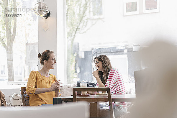 Two girlfriends meeting in a coffee shop  talking