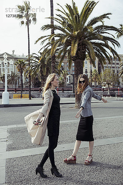 Spain  Barcelona  two fashionable young women on the street