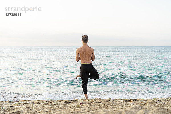 Spain. Man doing yoga on the beach in the evening  tree position  rear view