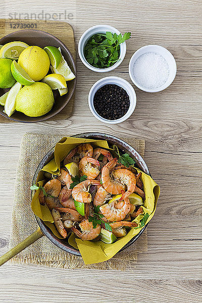 Shrimps in pan  overhead view