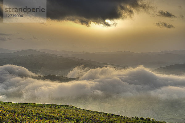 Albania  Fier County  View from Byllis  landscape  morning fog and morning sun