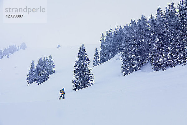 Skier ascending hill in snow storm