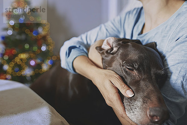 Woman hugging old dog at Christma time