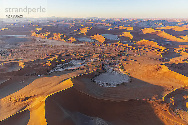 Africa  Namibia  Namib desert  Namib-Naukluft National Park  Aerial view of desert dunes  Nara Vlei and Sossus Vlei and 'Big Mama'  Dead Vlei and 'Big Daddy' in the morning light