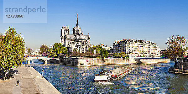 France  Paris  Notre Dame Cathedral and fright ship on Seine river