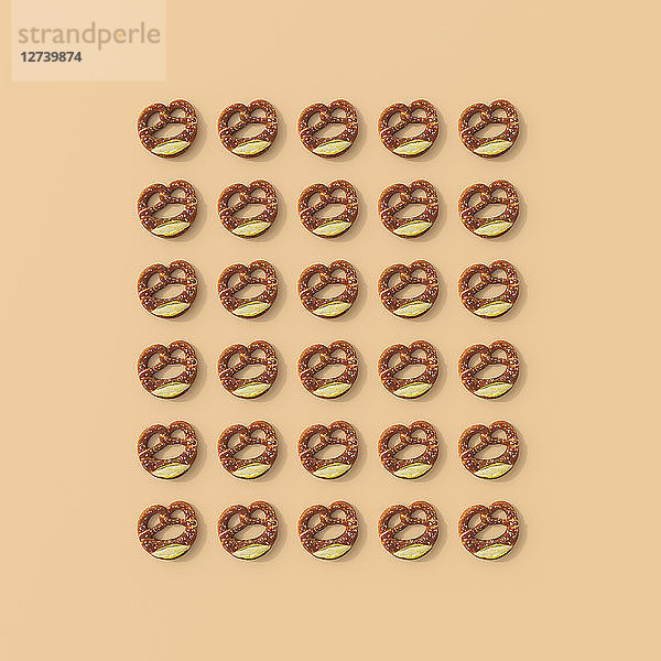 3D rendering  Rows of pretzels on orange background