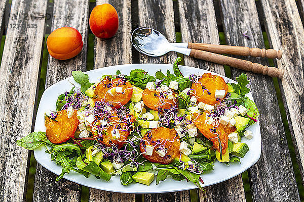 Green salad with fried apricots  avocado  feta cheese and radish sprouts
