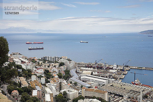 Gibraltar  view to city  harbour and Mediterranean Sea from above