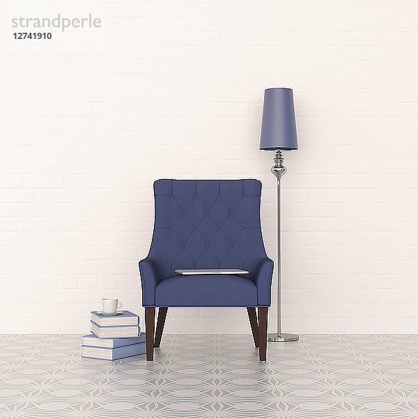 3D rendering  Blue armchair and floor lamp with stack of books